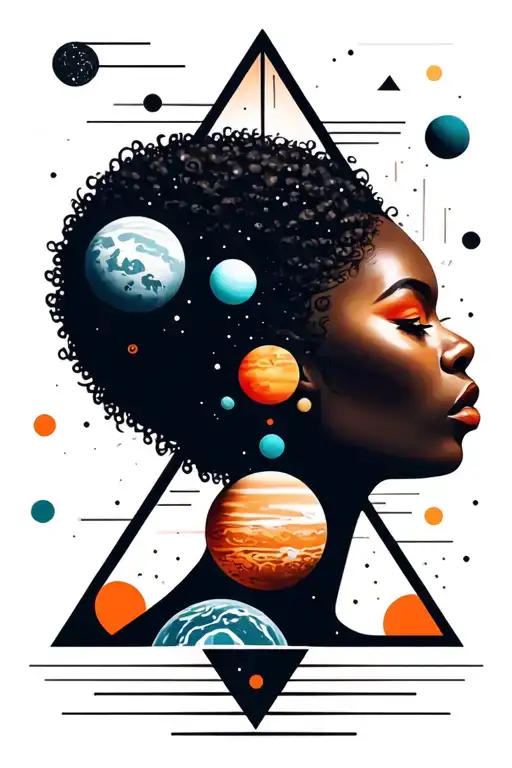 Afro-futuristic woman face with planets or moons inside 3 triangles tattoo design idea