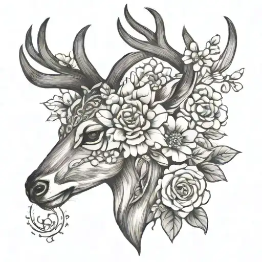 deer head with flowers tattoo design idea