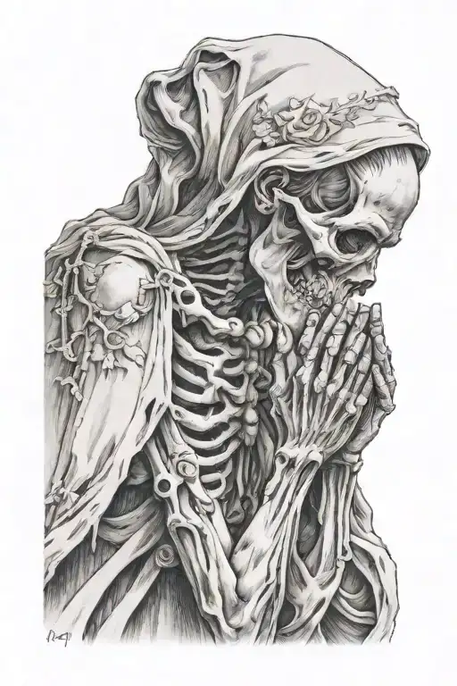 crying mother marry with skeleton hands praying hands tattoo design idea