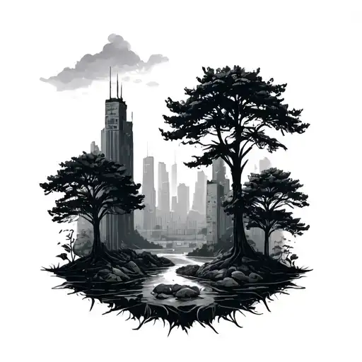 concrete jungle forest with trees tattoo design idea