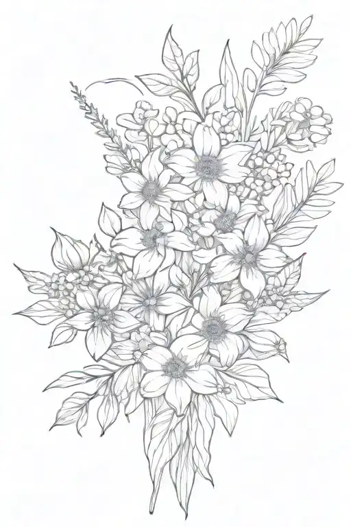 Flower bouquet with the birth flowers from August November, July and April. fine line and simple  tattoo design idea