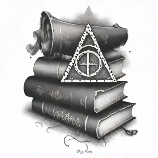 A subtle tattoo of the Deathly Hallows symbol incorporated into a stack of books, reflecting the love for Harry Potter and literature tattoo design idea