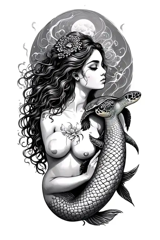 mermaid and sea turtle playing tattoo design idea