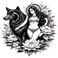 Aries sexy goddess surrounded by poeny and lotus flowers and black wolf  tattoo design idea