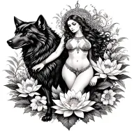 Aries sexy goddess surrounded by poeny and lotus flowers and black wolf  tattoo design idea