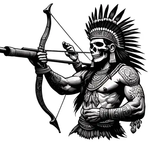 mixcoatl the Aztec god of hunting from the waist up holding a bow about to shoot with his skull mask on tattoo design idea