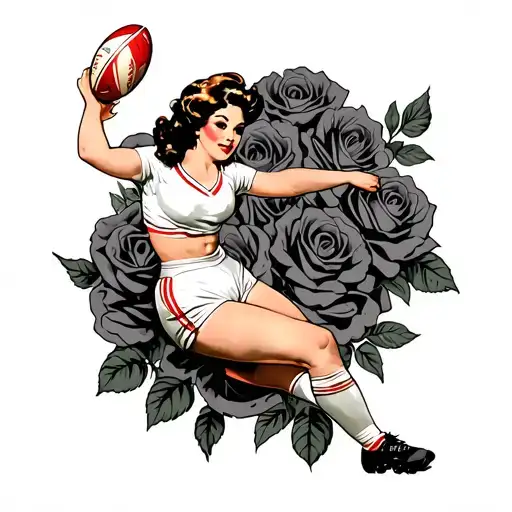 Pin-up girl playing rugby, wearing a white uniform on a background of roses, all in black and grey tattoo design idea