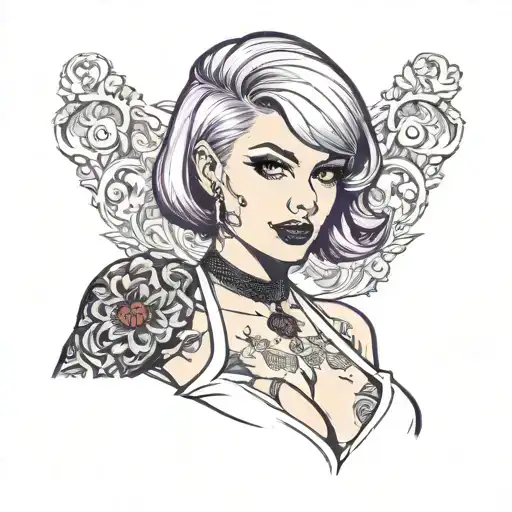 Sexy Petite Girl white short bob hairstyle, revealing clothes, big boobs, purple eyes, wide hips Slutty. gothic pin-up  tattoo design idea