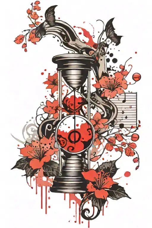 hour glass with one music notes, a peace symbol and cherry blossoms tattoo design idea