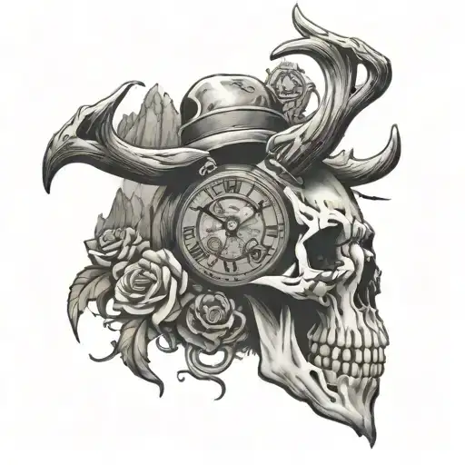 Buck skull with a time piece and mountains tattoo design idea