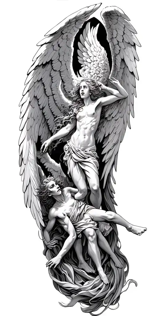 angels going through gates of heaven while fighting demons trapped in hell tattoo design idea
