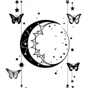 Vertical tattoo moon sun butterfly and constellation Gemini Aquarius and astrological sign Cancer tattoo design idea