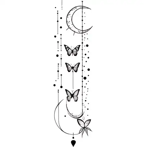 Vertical tattoo moon sun butterfly and constellation Gemini Aquarius and astrological sign Cancer tattoo design idea