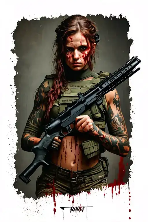 full length sexy soldier valentina shevchenko covered in blood and holding an mp5 gun  tattoo design idea