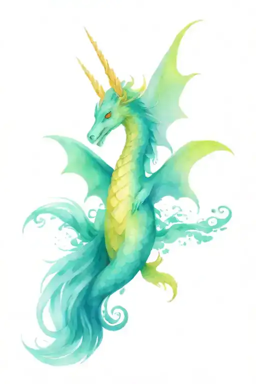 Dragon with open wings around a unicorn on one side and a mermaid the other side  tattoo design idea