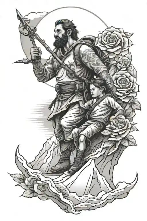 full sleeve tattoo of a mother and son climbing Mount Everest in the distance, surrounded by roses and a rising sun. tattoo design idea