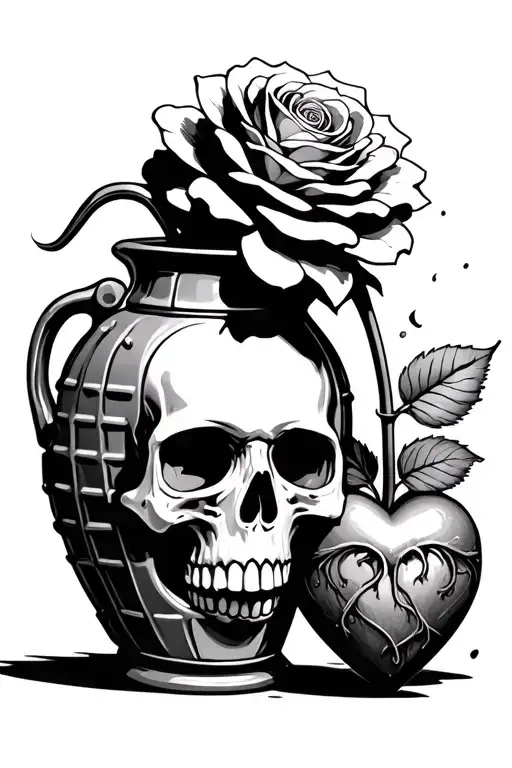 skull inside of a rose coming out of a grenade shaped like a flower vase and a real heart tattoo design idea