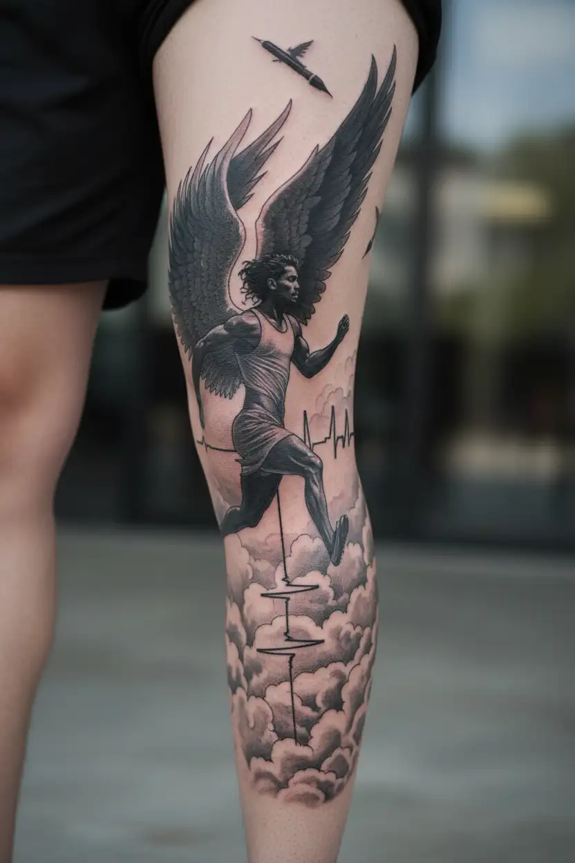 A runner with angel wings that runs in the clouds with a pen that flies away and behind him a cardiogram tattoo design idea