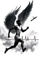 A runner with angel wings that runs in the clouds with a pen that flies away and behind him a cardiogram tattoo design idea