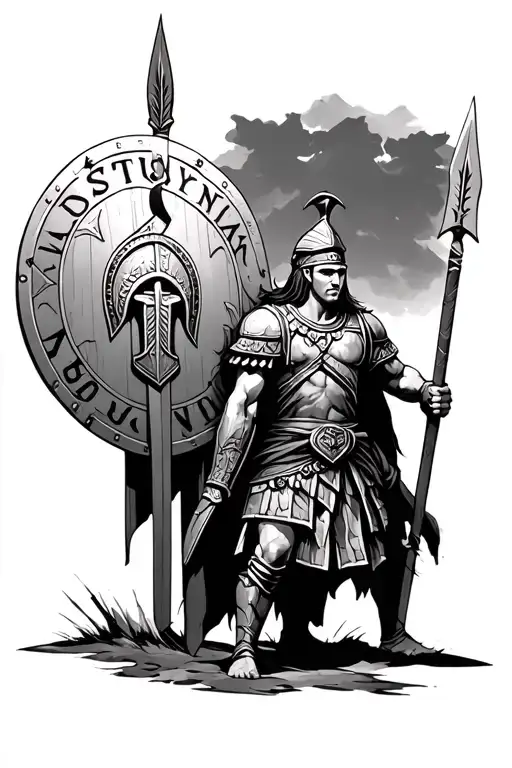 a Spartan warrior with a spear and a shield with the inscription JUSTYNA on it  tattoo design idea