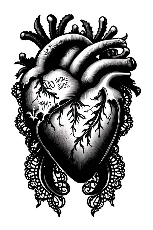 lace edged heart with the words NO VITALS THIS SIDE inside of the heart tattoo design idea