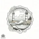 waves, lighthouse, sea, mountain, circle tattoo design idea