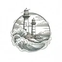 waves, lighthouse, sea, mountain, circle tattoo design idea