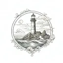 waves, lighthouse, sea, mountain, circle tattoo design idea