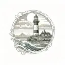 waves, lighthouse, sea, mountain, circle tattoo design idea