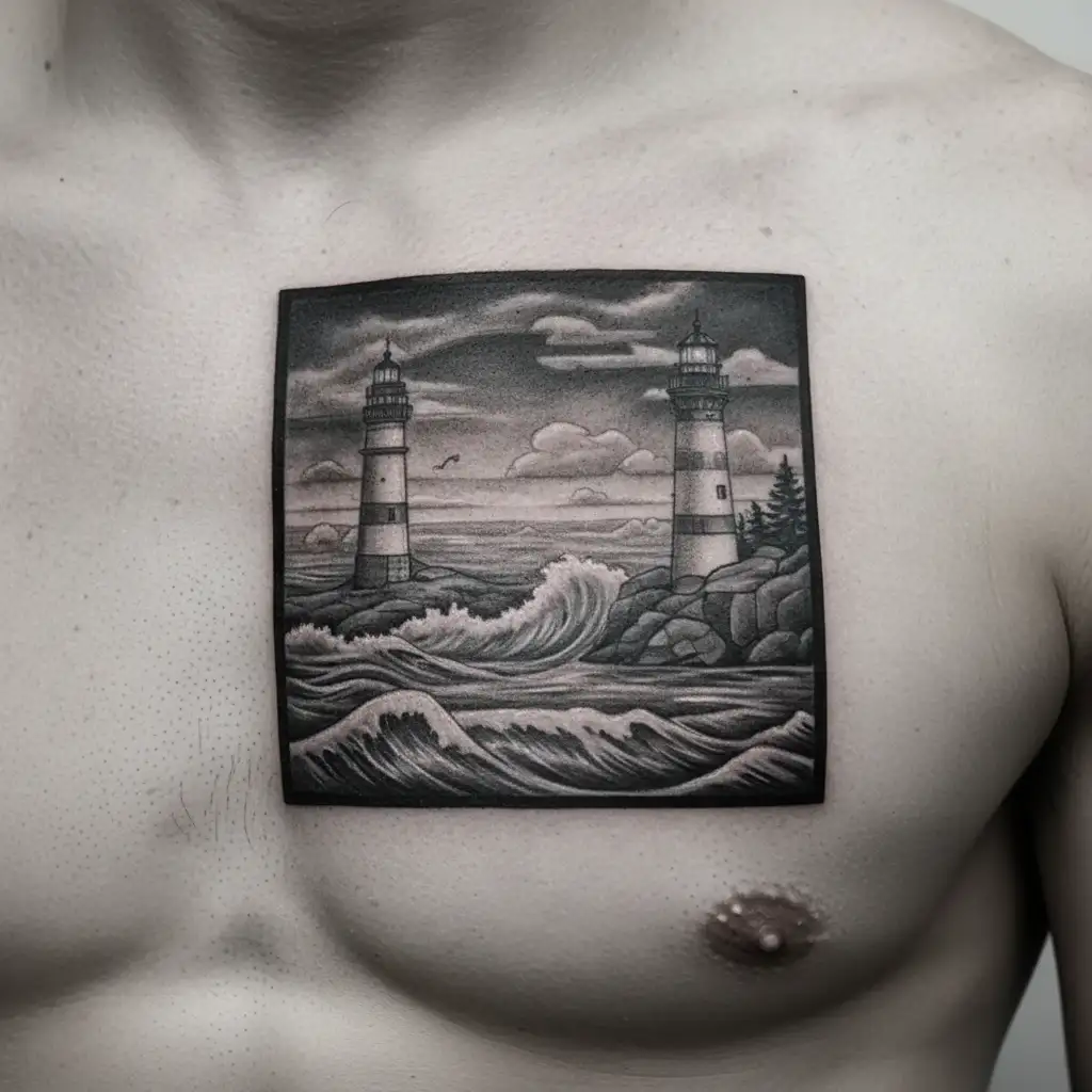 waves, lighthouse, sea, mountain, circle tattoo design idea