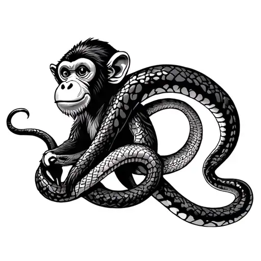 fun monkey and snake intertwined tattoo design idea