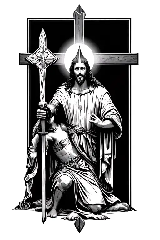 A Templar Knight on his knees before Jesus Christ tattoo design idea