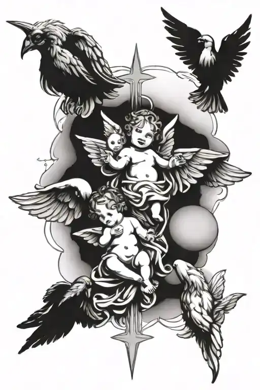 3 baby angels surrounding cross tattoo design idea