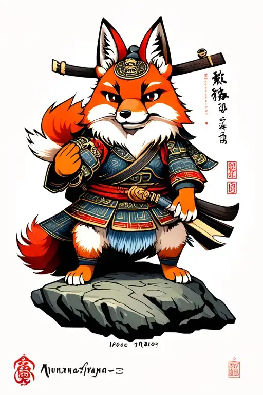 anthropomorphic samurai fox on rock tattoo design idea