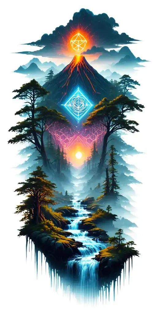 A dense forest with a stream and volcano in the background tattoo design idea