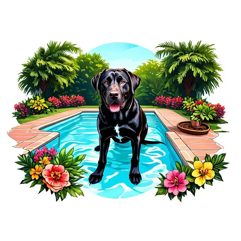Dog black english labrador retriever near swimming pool tattoo design idea