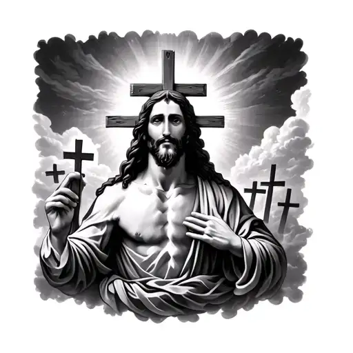 jesus with 3 crosses under and clouds tattoo design idea