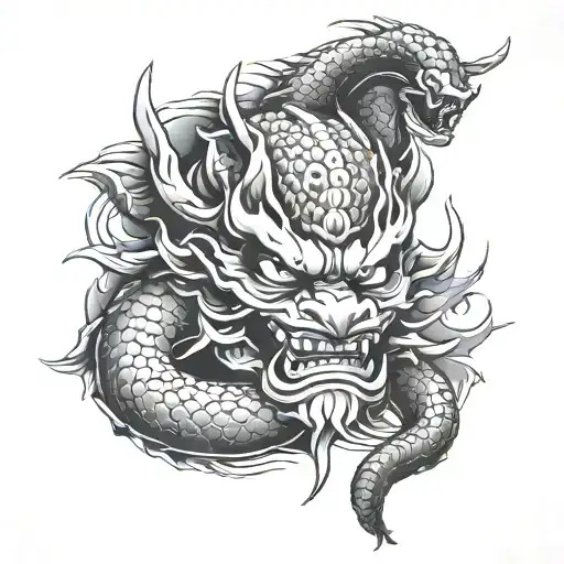Only, Japanese, Oni Mask, Cobra, Snakes, Smoke, Moon, Sun tattoo design idea