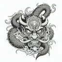 Only, Japanese, Oni Mask, Cobra, Snakes, Smoke, Moon, Sun tattoo design idea