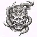 Only, Japanese, Oni Mask, Cobra, Snakes, Smoke, Moon, Sun tattoo design idea