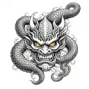 Only, Japanese, Oni Mask, Cobra, Snakes, Smoke, Moon, Sun tattoo design idea