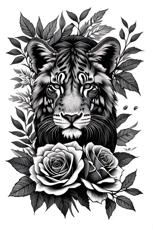 jungle animals with leaves and roses intertwined tattoo design idea