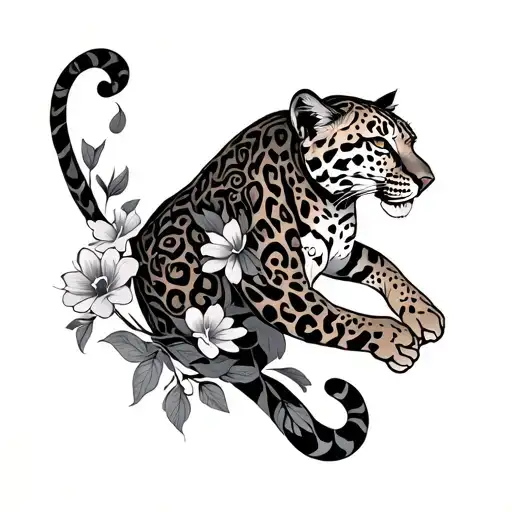 leaping leopard flowers intertwined tattoo design idea