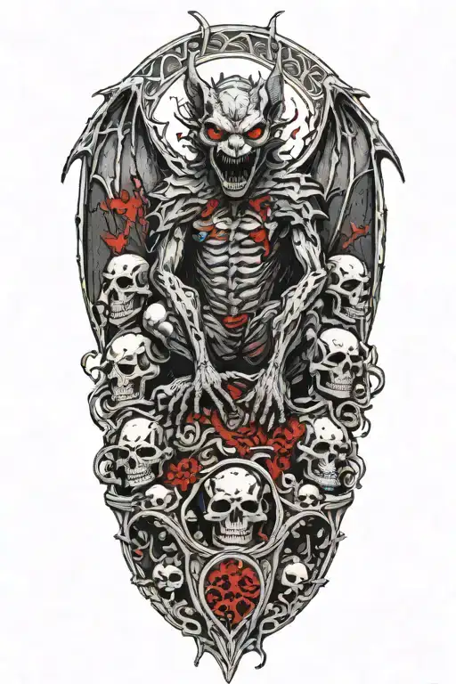 A bat gargoyle covered in blood. Standing on a pile of small skulls. Temple of Sharr, Myrkul, occultism, tortured souls tattoo design idea