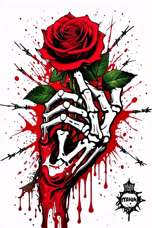 skeleton hand hold a dying rose, flesh melting, barbed wire surrounding tattoo design idea
