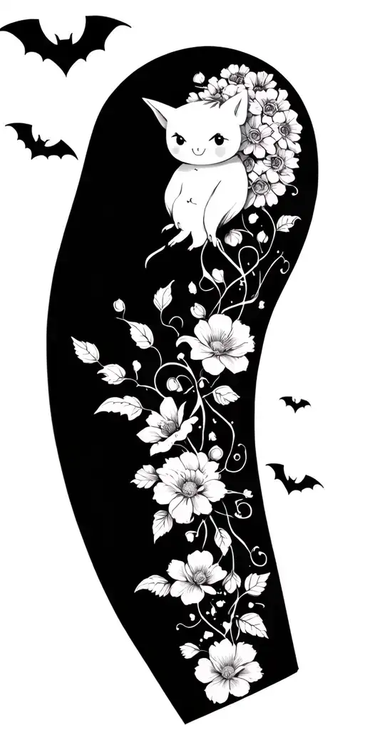 Fine line floral sleeve with cute bats and black background tattoo design idea