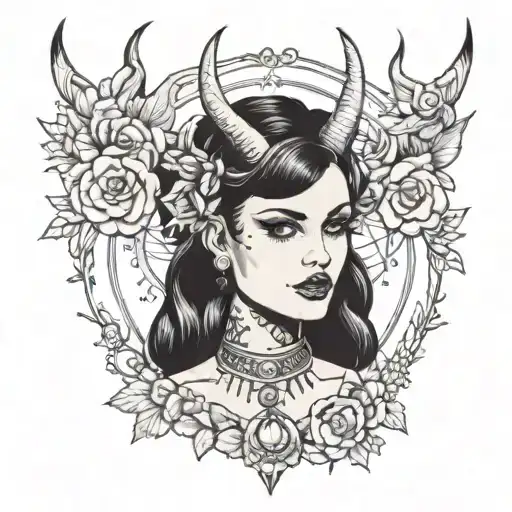 Beautiful woman with horns, choker and white eyes tattoo design idea
