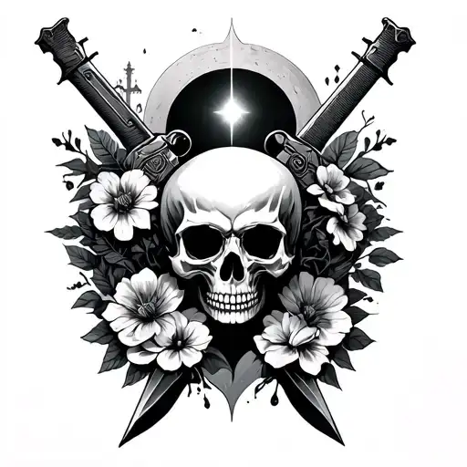skull , heart , guns , castle , cemetery, blackhole, eclipse, sword, flowers tattoo design idea