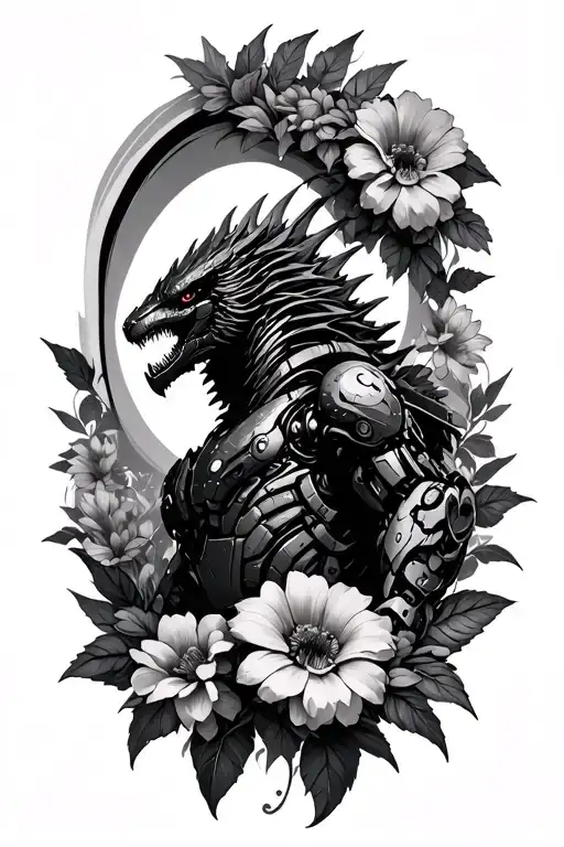 mechagodzilla flowers surrounding tattoo design idea