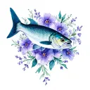 decorative sardine illustration inspired by traditional Portuguese tiles, surrounded by delicate violet flowers tattoo design idea
